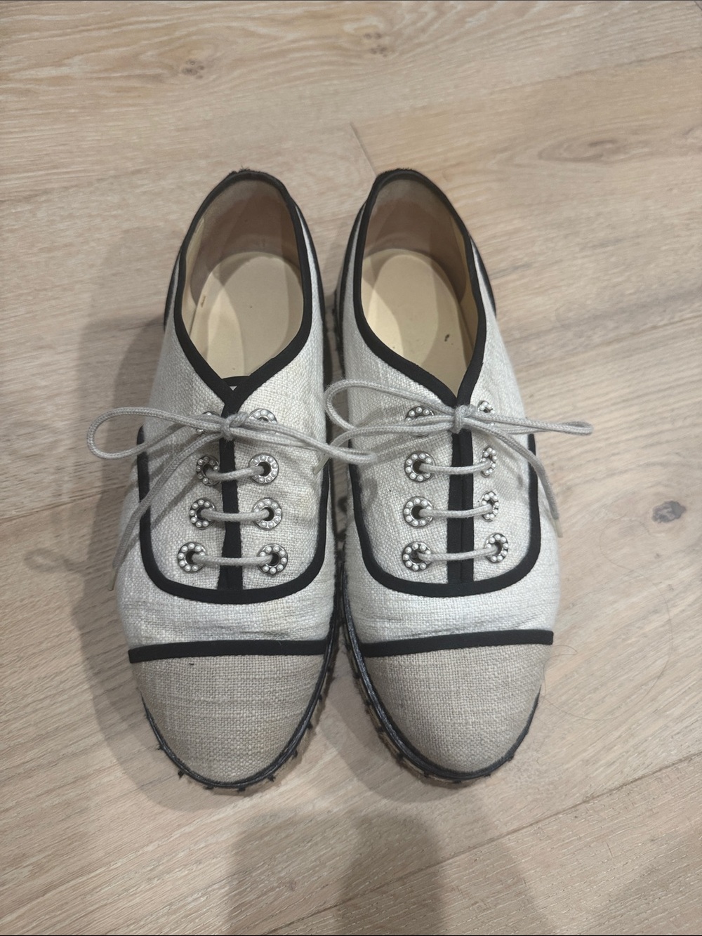 CHANEL Ivory and Black Lace-Up Espadrille Flats 40